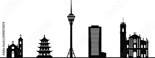 Silhouette city skyline featuring churches, pagoda, observation tower, modern skyscraper, and cathedral representing diverse cultural and architectural heritage