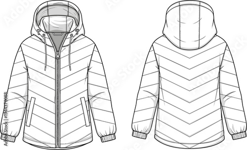 Women's hooded puffer jacket front and back view, CAD drawing flat vector illustration, fashion technical sketch, quilted winter outerwear apparel design template.