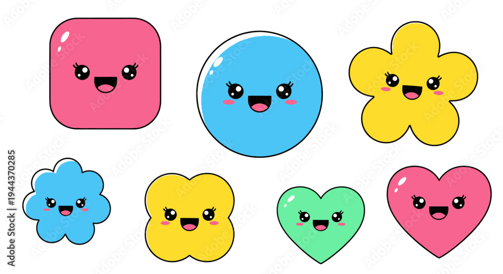Fototapeta premium Cute cartoon shapes with happy kawaii faces in various colors and forms.