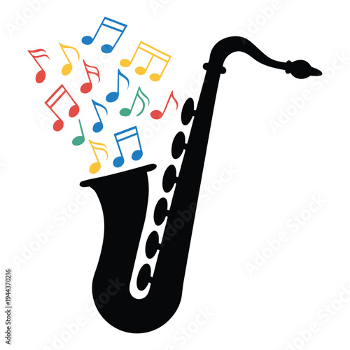 Minimalist Musical Saxophone Silhouette with Colorful Notes Energetic isolated on White Background