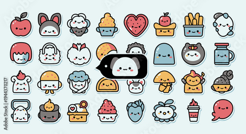 Cute cartoon character sticker pack collection on a light blue background, showcasing happy and playful food and animal emojis.