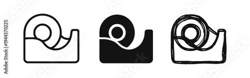 Tape Dispenser Icon Set - Office, School, and Craft Supplies Symbol in Outline, Solid, and Hand-Drawn.