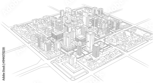Wireframe architectural drawing of a modern city with numerous buildings and intersecting streets from an aerial view.