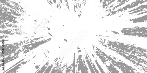 Abstract radial explosion with ink splatter lines bursting from the center, high-contrast black and white, dynamic motion, vintage grunge texture vector illustration, minimalist background.