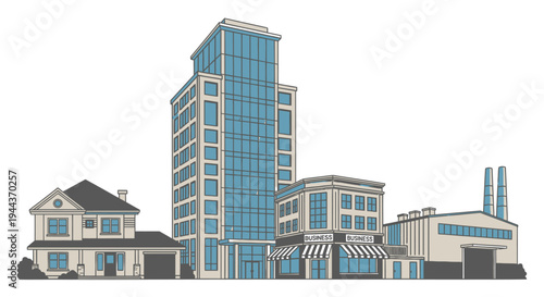 Illustration of diverse urban and suburban buildings including a house, skyscraper, shop, and factory.