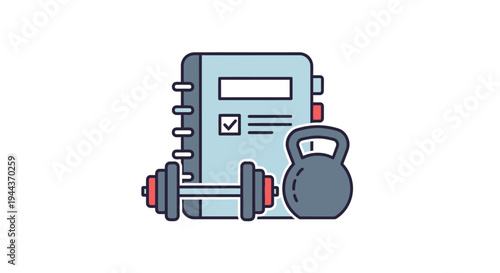 Fitness workout plan with dumbbell, kettlebell, and checklist notebook for tracking exercise progress.
