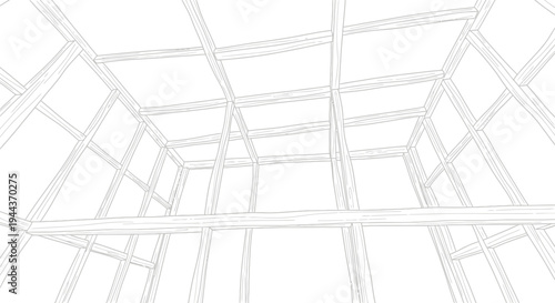 Abstract wireframe grid structure with perspective lines on a white background, creating a sense of depth and architectural form.