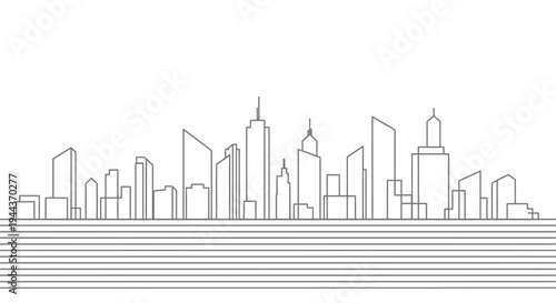 Minimalist line art illustration of a modern city skyline featuring various buildings and skyscrapers, representing urban architecture and development.