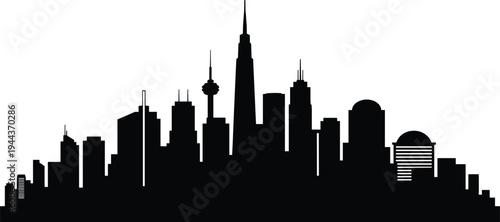 Silhouette city skyline with diverse architecture, tall skyscrapers, domed buildings, and modern urban structures for design and illustration use