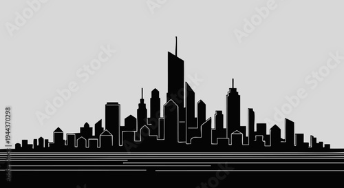 Minimalist black silhouette of a modern city skyline against a light grey background, featuring various tall buildings and urban structures.