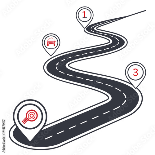 Winding road with location markers path journey travel