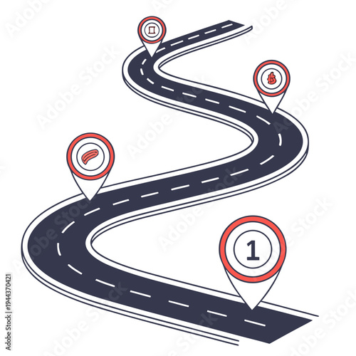 Winding road with numbered markers path journey travel