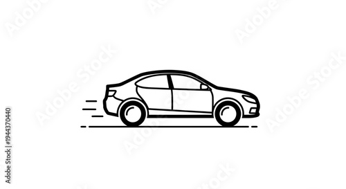 Simple Line Art Icon of a Sedan Car in Motion, Black and White