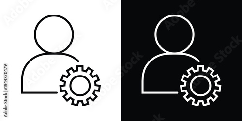 User profile outline paired with a gear setting symbol. Represents account management, user settings, profile customization, and technical support. Versatile black and white vector icon.