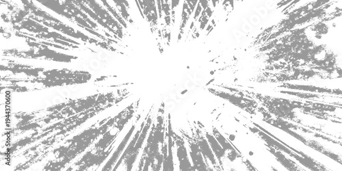 Abstract radial explosion with ink splatter lines bursting from the center, high-contrast black and white, dynamic motion, vintage grunge texture vector illustration, minimalist background.