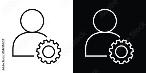 User profile outline paired with a gear setting symbol. Represents account management, user settings, profile customization, and technical support. Versatile black and white vector icon.