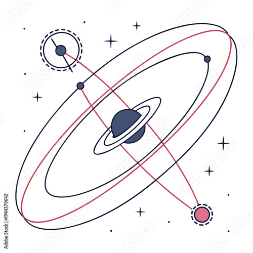 Planet with rings and orbiting planets space