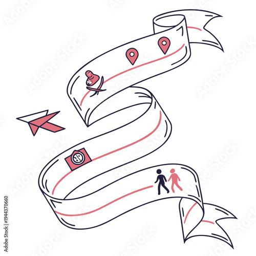 Ribbon with travel map pin airplane camera couple