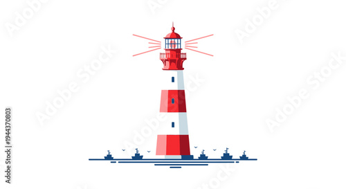 Red and white striped lighthouse guiding ships at sea with light beams