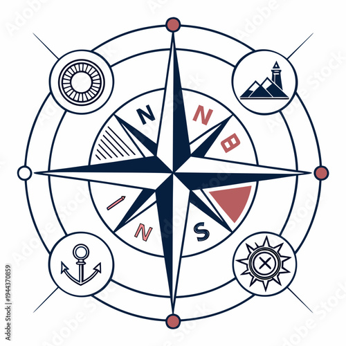 Detailed compass with landmarks navigation geography