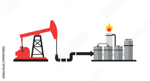 Oil pump jack and refinery industrial complex with flame