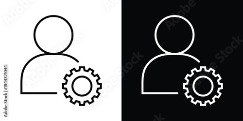 User profile outline paired with a gear setting symbol. Represents account management, user settings, profile customization, and technical support. Versatile black and white vector icon.