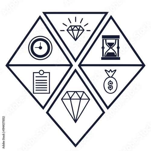 Business with clock, diamond, hourglass and money bag