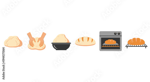 Baking Bread Process Icons: Dough, Kneading, Bowl, Loaf, Oven, Cooling Rack