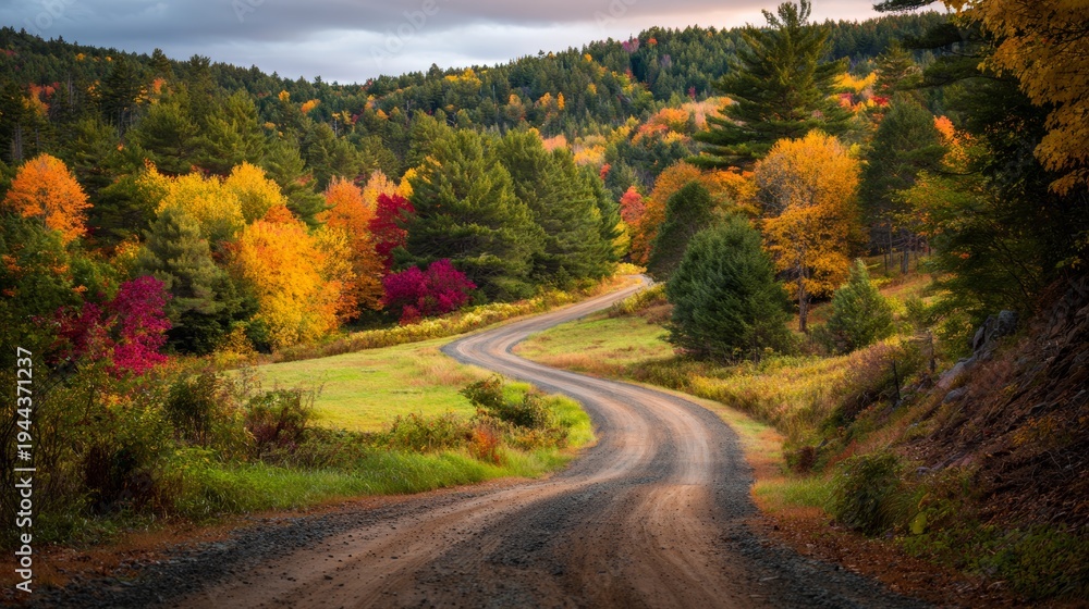 Naklejka premium Serene Winding Road Through Vibrant Autumn Forest Landscape