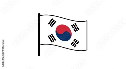 South Korea Flag Waving on Pole, National Symbol, White Background