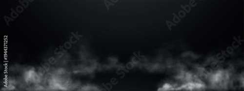 Mysterious smoke clouds swirling across black floor. Fog effect with realistic mist textures for dramatic backgrounds and spooky horror scenes