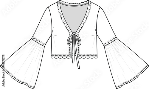 Women's cropped tie front cardigan bell sleeve top, CAD drawing flat vector illustration, fashion technical sketch, scalloped edge apparel design template.