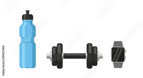 Fitness gear: water bottle, dumbbell, and smartwatch on white background