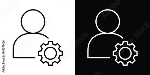 User profile outline paired with a gear setting symbol. Represents account management, user settings, profile customization, and technical support. Versatile black and white vector icon.