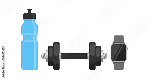 Fitness Gear: Water Bottle, Dumbbell, and Smartwatch on White Background