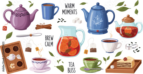 Tea Time Cozy Moments Vector Illustration Set with Teapot, Herbal Drinks, Teacups, Dessert and Warm Beverage Elements in Elegant Hand Drawn Cartoon Style
