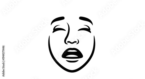 Shocked Face Expression, Open Mouth, Eyes Closed, Black and White Line Art
