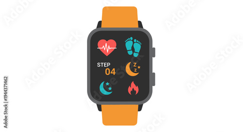 Smartwatch displaying health and fitness tracking icons with orange strap