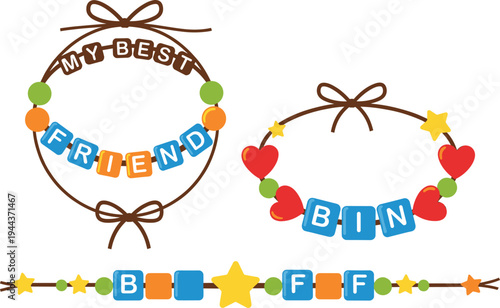 Cute Best Friend Friendship Badge Vector Illustration Set with My Best Friend Text, Hearts, Stars, and Colorful Decorative Elements