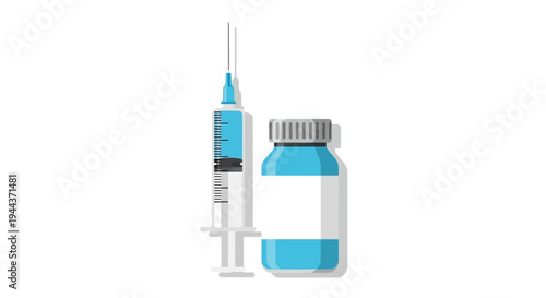 Medical Syringe and Vial with Blue Liquid, Vaccination Concept, Isolated on White