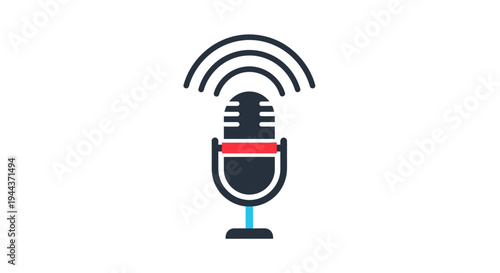 Retro microphone with sound waves, broadcasting concept icon, isolated on white