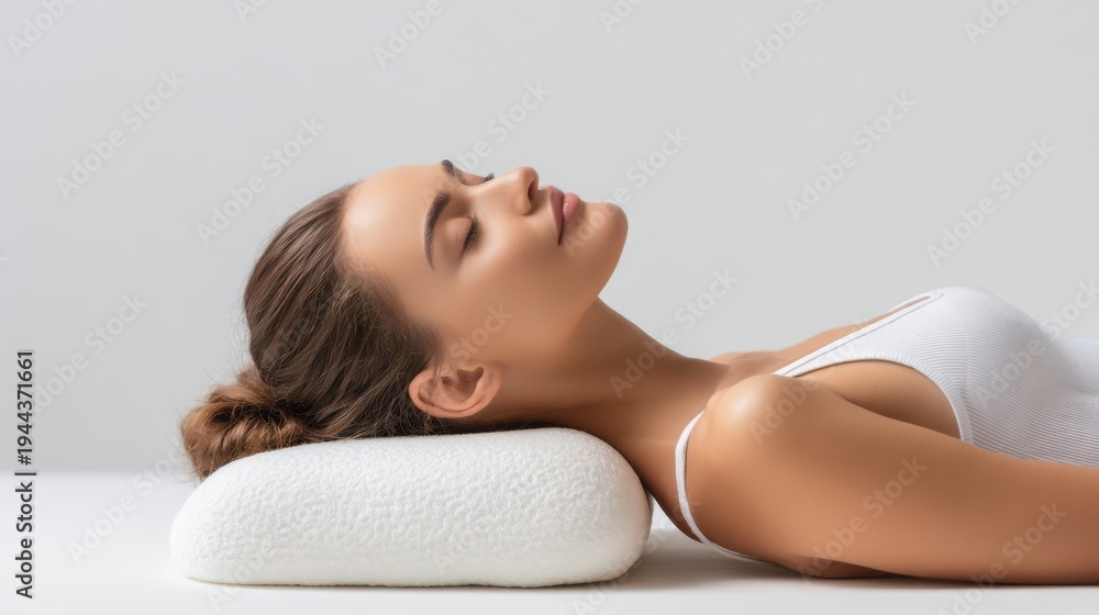 Fototapeta premium Woman lying on ergonomic contoured pillow for neck support while demonstrating proper neck alignment in a bright room setting