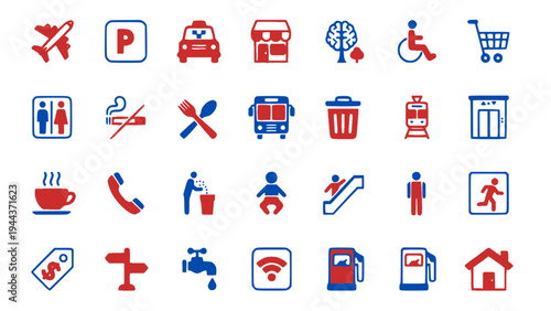 Urban transportation and public facility icons including parking, bus, taxi, accessibility, and services
