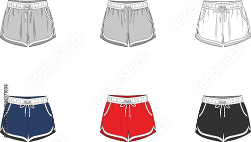 Set of women's athletic running shorts, CAD drawing flat vector illustration, colorful sportswear fashion technical sketch, elastic waistband gym apparel design template.