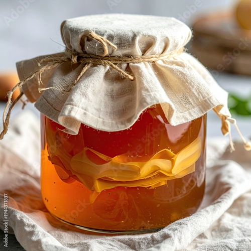 Jar of Homemade Kombucha with Cloth Cover on a White Surface with Natural Lighting