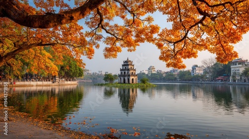 Autumn Reflections at Hoan Kiem Lake in Hanoi, Vietnam