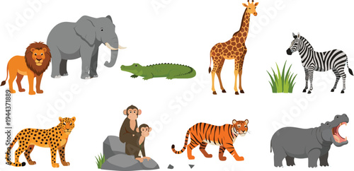 African Safari Wild Animals Vector Set with Lion, Elephant, Giraffe, Zebra, Tiger, Monkey and Hippopotamus in Cute Flat Cartoon Wildlife Illustration Style