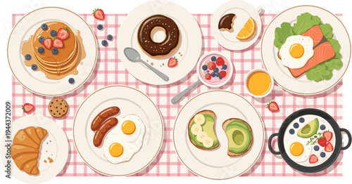 Delicious Breakfast Food Vector Illustration Set with Pancakes, Donut, Avocado Toast, Eggs, Sausage and Healthy Morning Meal Plates in Cozy Cartoon Style