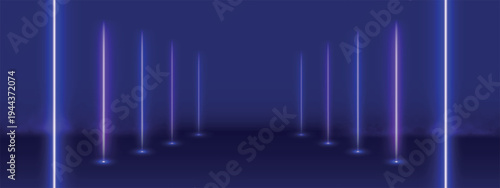 Futuristic tunnel with neon light on blue background. Glowing LED lines creating perspective. Abstract light background for tech design or neon gaming portal