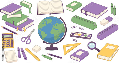 School Study Supplies Vector Set with Books, Globe, Calculator, Pencil Case, Watercolor Paints and Classroom Stationery in Soft Color Cartoon Illustration Style